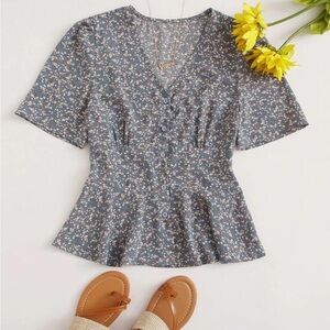 SHEIN Floral Blue V-Neck Blouse